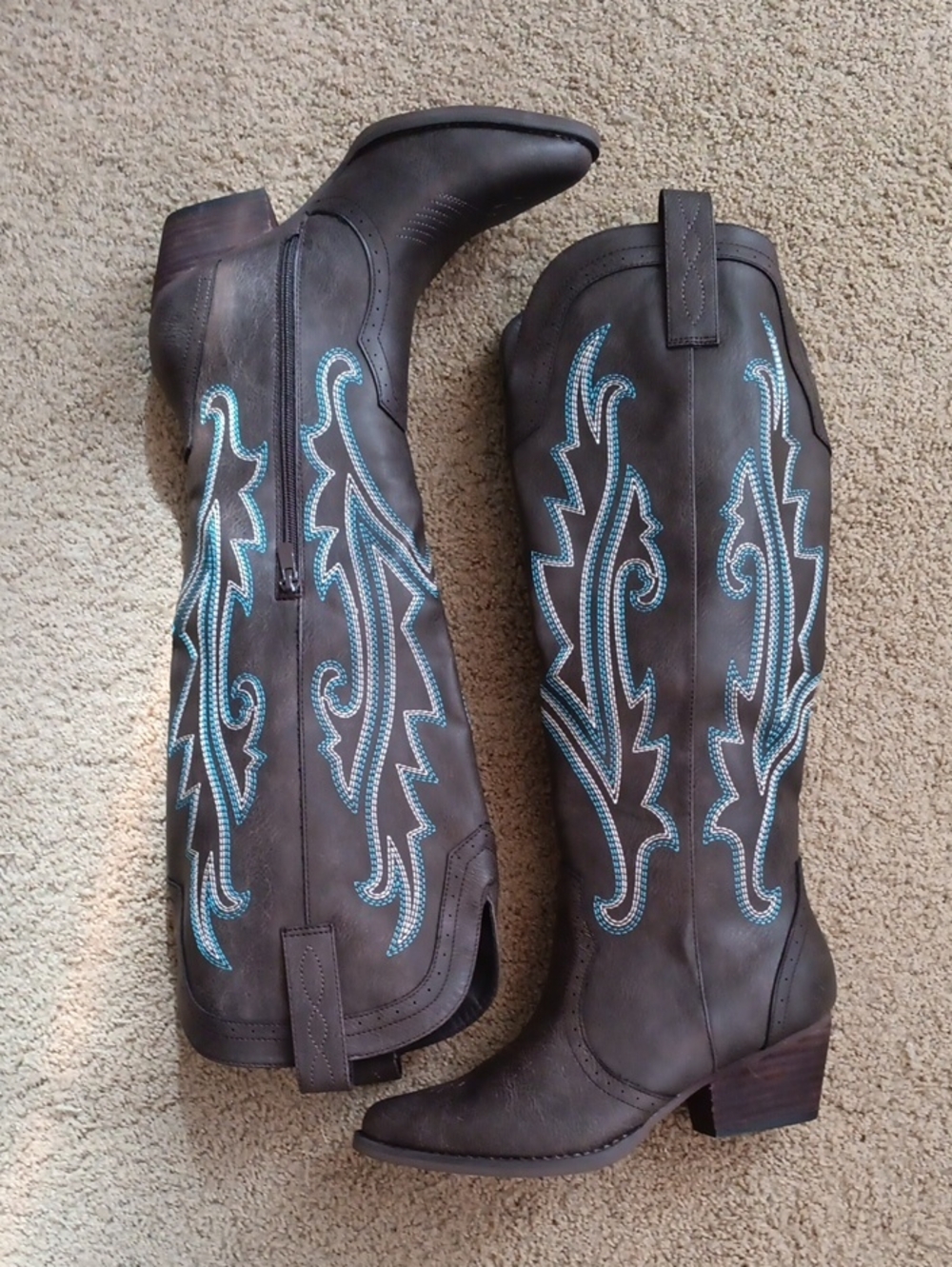 + Dream Pairs Brown Vegan Leather Knee-High Western Embroidered Cowboy Boots